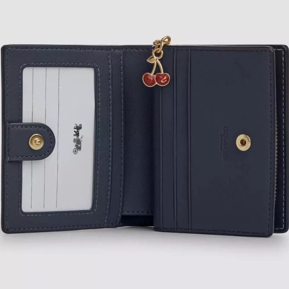 NEW Coach CZ347 Small Snap Bifold Wallet Signature Cherry Print Denim Blue NWT - Picture 2 of 8